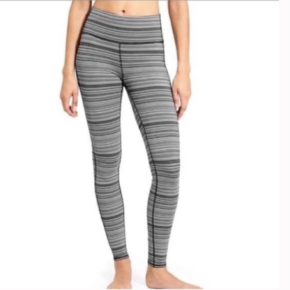 Athleta Chaturanga Black & Gray Stripe Athletic Leggings M